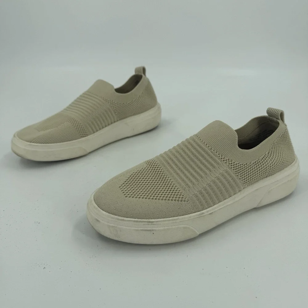 A New Day Womens Beige Knit Slip On Walking Sneakers Comfort Shoes Size 7